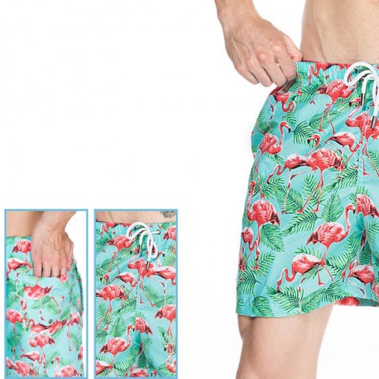 Flamingo Printing Loose Beach Drawstring Quickly Dry Board Shorts for Men