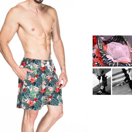 Retro Flowers Printing Drawstring Smooth Loose Beach Board Shorts for Men