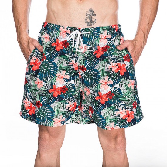 Retro Flowers Printing Drawstring Smooth Loose Beach Board Shorts for Men