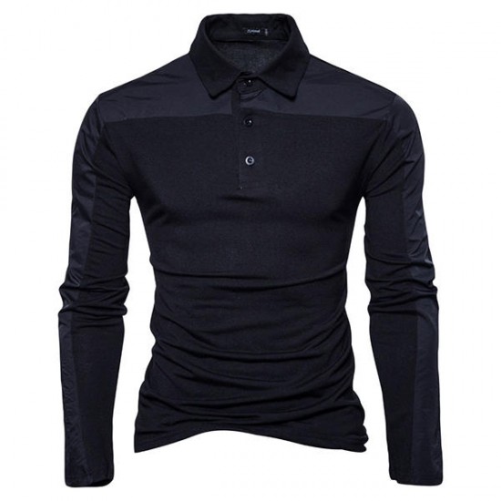 Autumn Winter Mens New Fashion Splicing Slim Casual Lapel Long-sleeved Golf Shirt