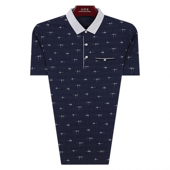 Men's Casual Lapel Stars Printed Golf Shirt Summer Loose Short Sleeved Middle Aged Tops Tees