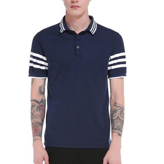 Men's Fashion Stripes Sleeve Trun-down Short Sleeve Casual Golf Shirt