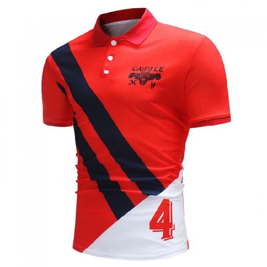 Mens Short Sleeve Casual Golf Shirt Fashion Stripe Lettering Printed Fashion Tops Tees