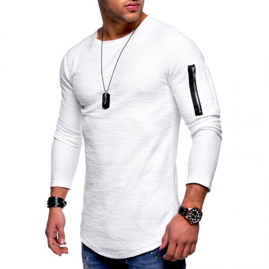 Arm Zipper Stitching Pocket Jacquard T-shirts Men's Solid Color Long Sleeved Casual Tops Tees