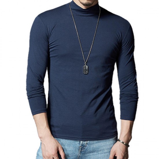 Autumn Men's Casual Stand Collar Cotton T-shirt Pure Color Thin Long Sleeve Tops Tees