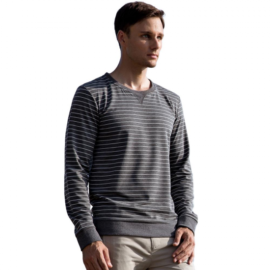 Autumn Winter Men's Cotton Casual Stripe Round Neck Pullover Thick Long-sleeved T-Shirts