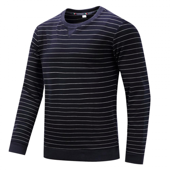 Autumn Winter Men's Cotton Casual Stripe Round Neck Pullover Thick Long-sleeved T-Shirts