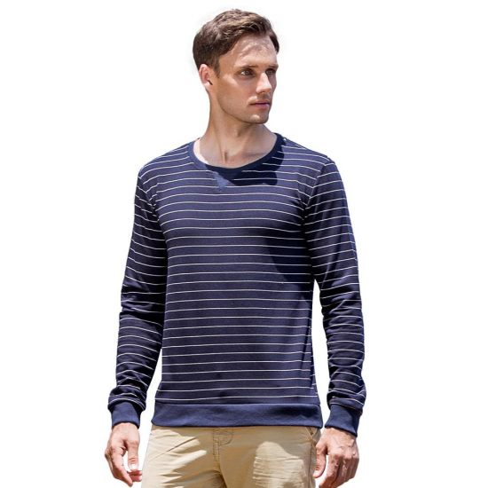 Autumn Winter Men's Cotton Casual Stripe Round Neck Pullover Thick Long-sleeved T-Shirts