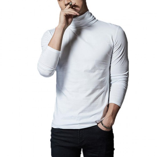 Autumn Winter Mens Long-sleeved Solid Color High-necked T-shirt Mens Blank Culture Shirt T-Shirt