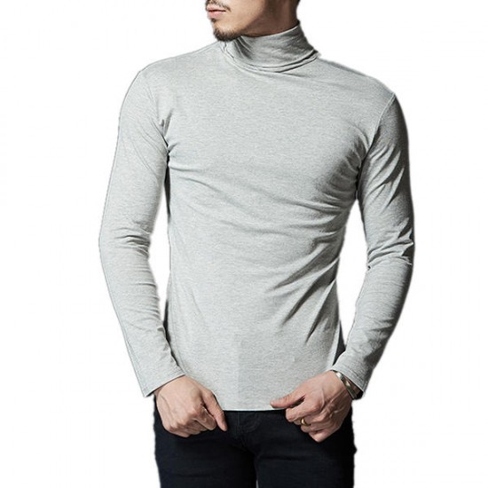 Autumn Winter Mens Long-sleeved Solid Color High-necked T-shirt Mens Blank Culture Shirt T-Shirt