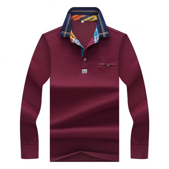 Autumn Winter Mens Turndown Collar Long-sleeved T-shirt Solid Color Pocket T-shirt