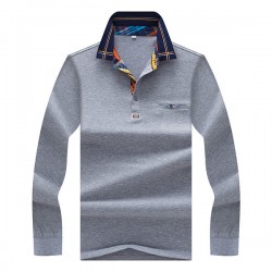 Autumn Winter Mens Turndown Collar Long-sleeved T-shirt Solid Color Pocket T-shirt