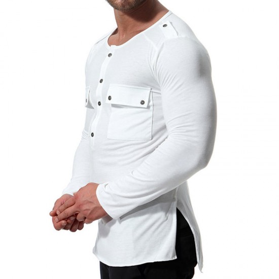 Casual Autumn Cotton Solid Color Double Pockets Long Sleeve T-shirts for Men