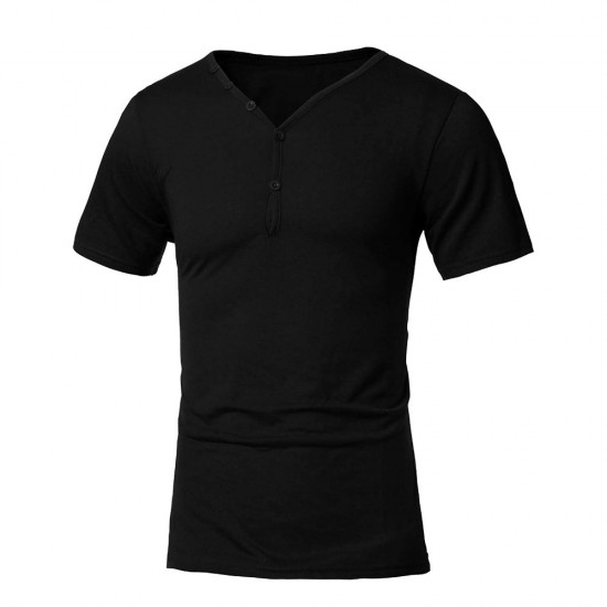 Men Summer Cotton Blended Solid Button Short Sleeve V-neck T-shirt