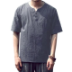 Men's Casual Cotton Linen Crew Neck Vintage T-shirt Summer Breathable Short Sleeve Neck Botton Tops