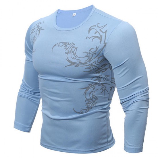 Personality Chinese Style Printed Casual T-shirt Fashion Sports O-neck Long Sleeves Slim Fit Tops