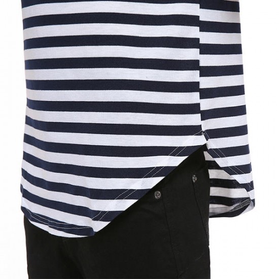 Summer Mens Hip-Hop Striped Printed T-shirt Long Hem O-neck Short Sleeve Casual Cotton Tops Tees