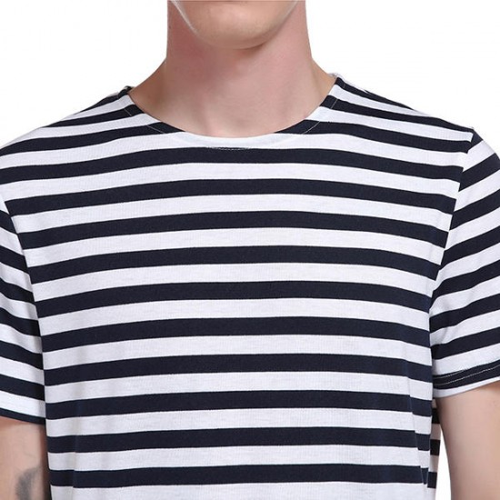 Summer Mens Hip-Hop Striped Printed T-shirt Long Hem O-neck Short Sleeve Casual Cotton Tops Tees