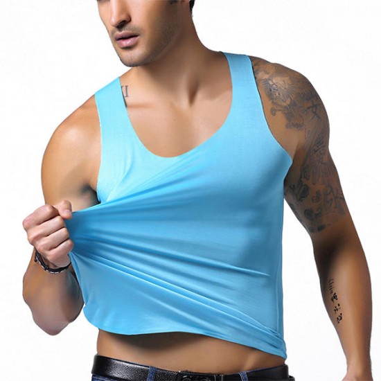Men's Seamless Ice Silk Vest Leisure Solid Color Thin Elastic Fitness Sports Tanks Tops