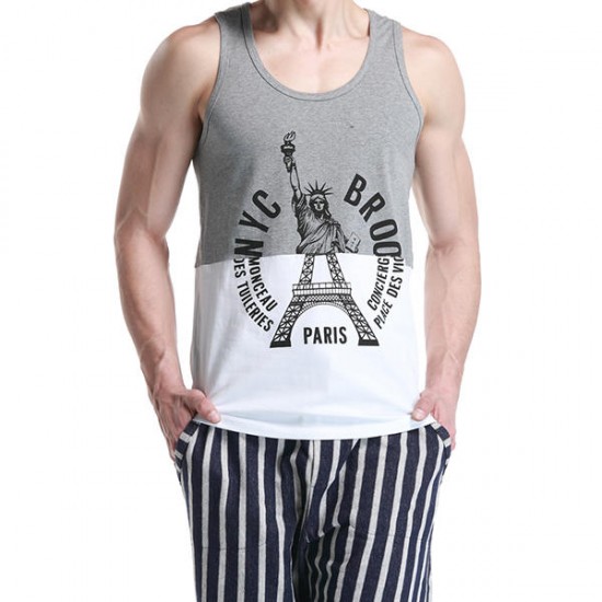 SEOBEAN New York Paris Printed Men's Vest Cotton Summer Leisure Fitness Jogging Sport Tops
