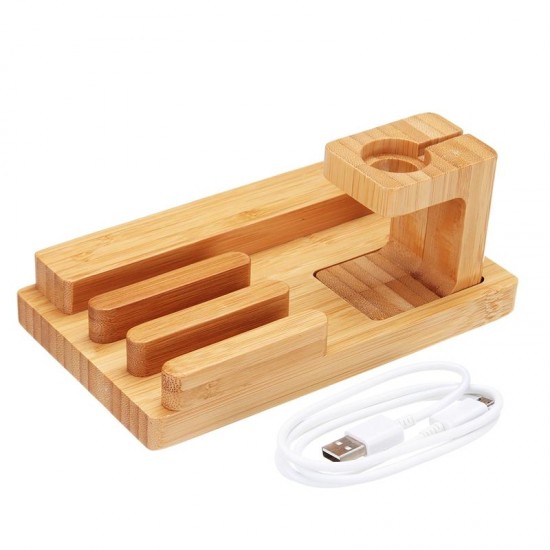 Bamboo Wood 4 Port USB Charging Dock Station Stand Holder For Smart Phone/Tablet/iPhone/iPad/Apple Watch