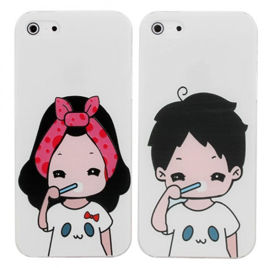 Cartoon Lovers Brush Teeth Pattern Relief Protective Case For iPhone 5