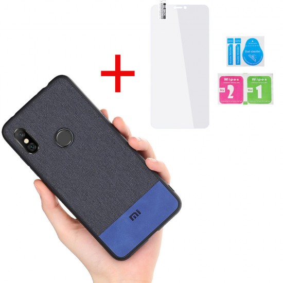 Bakeey Fabric Splice Protective Case+Tempered Glass Screen Protector For  Xiaomi Redmi Note 6 Pro