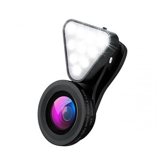 2 in 1 Clip-on Glass Lens Wide Angle Lens with Rechargeable Flashlight for Mobile Phone