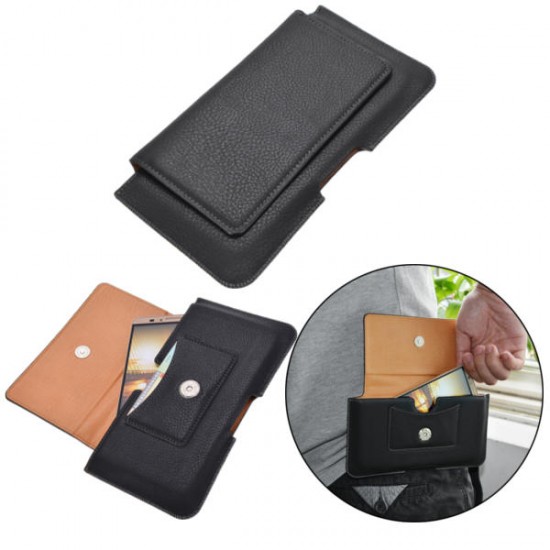 Black Universal Leather Magnetic Waist Card-slot Bag Case For Phone Under 6.3 Inch