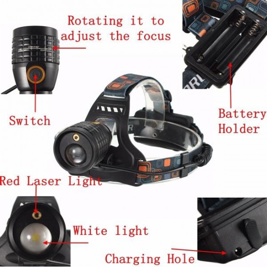 4 Mode LED Zoomable Headlight Headlamp White And Red Laser Light Use 2x 18650 batteries 4 Mode LED Zoomable Headlight Headlamp White And Red Laser Light Use 2x 18650 batteries