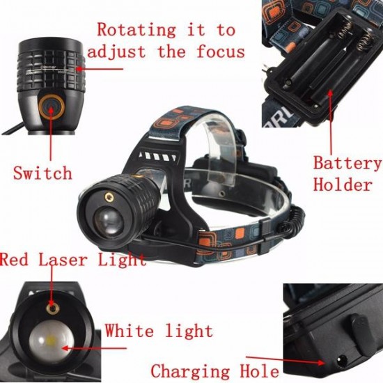 4 Mode LED Zoomable Headlight Headlamp White And Red Laser Light Use 2x 18650 batteries