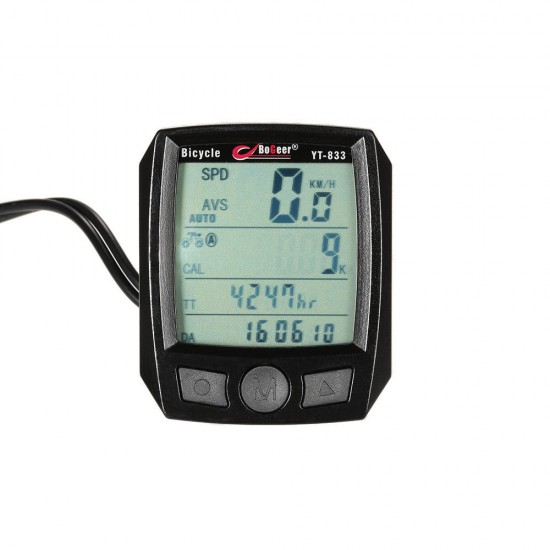 BOGEER YT-833 Large Screen Backlight Waterproof Bicycle Computer Speedometer Stopwatch Calendar Black