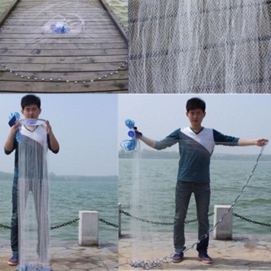 2.4m-4.8m Large Hand Cast Fishing Net Spin Network Bait Fish Net Portable Sinker Net