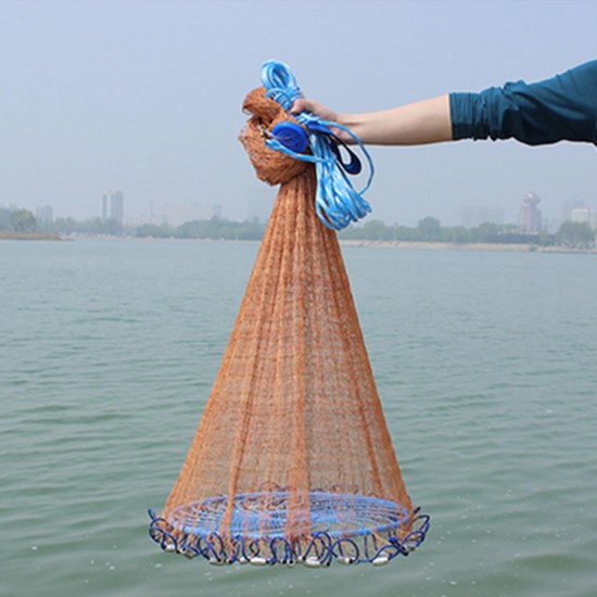 3-4.8m Netting Twine+Steel Hand Throw Cast Net American Style Brown Bait Fishing Network w/Sinker