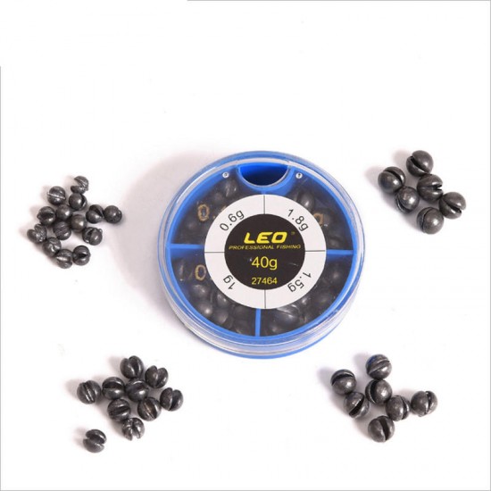LEO 40g 4 Sizes 0.6g, 1g, 1.5g, 1.8g Lead Sinkers Plastic Box Water Droplets Sinking Fishing Tool