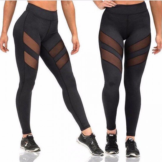 Women Four Seasons Sport Yoga Sexy Pants Leggings Openwork Perspective Stitching Fitness Gym