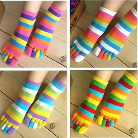 New 5 Pairs Lot Colorful Women Girl Color Stripes Five Finger Toe Socks Hosiery