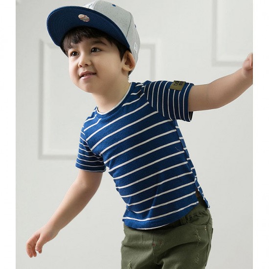 2015 New Little Maven Blue White Stripe Baby Children Boy Cotton Short Sleeve T-shirt