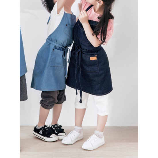 Children Gardening Cooking Cotton Linen Aprons Denim Dress with Pockets