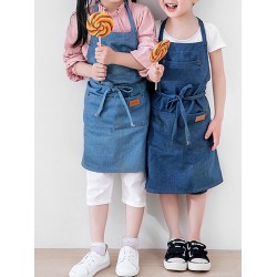 Children Gardening Cooking Cotton Linen Aprons Denim Dress with Pockets