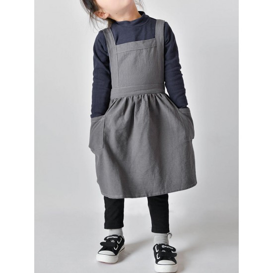 Children Girls Japanese Style Gardening Cooking Cotton Linen Aprons Dress with Pockets