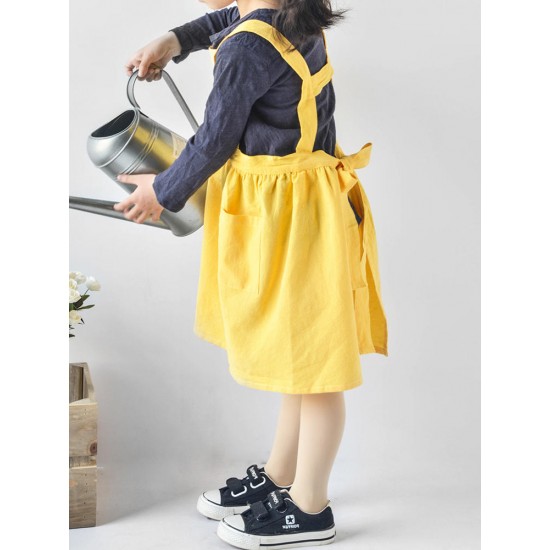 Children Girls Japanese Style Gardening Cooking Cotton Linen Aprons Dress with Pockets