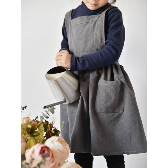 Children Girls Japanese Style Gardening Cooking Cotton Linen Aprons Dress with Pockets