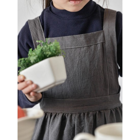 Children Girls Japanese Style Gardening Cooking Cotton Linen Aprons Dress with Pockets