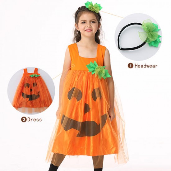 Halloween Kid Girls Pumpkin Fancy Dress Costume with Headwear