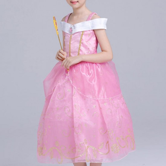 Pink Kid Girls Off Shoulder Patchwork Fancy Princess Dress