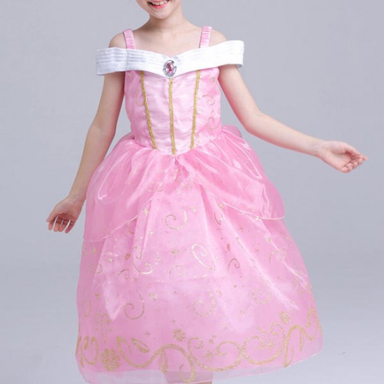 Pink Kid Girls Off Shoulder Patchwork Fancy Princess Dress