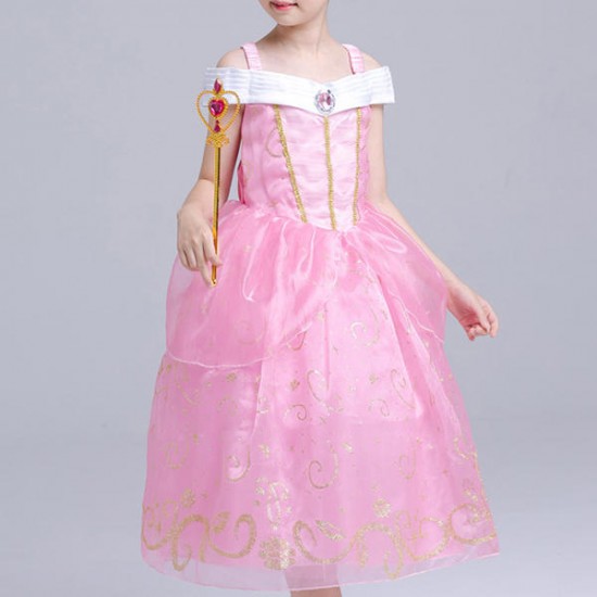 Pink Kid Girls Off Shoulder Patchwork Fancy Princess Dress