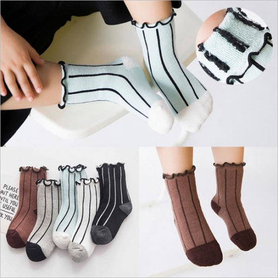 5 Pairs Kids Cotton Thickened Socks Lace Terry Crew Vertical Stripes Boneless Socks