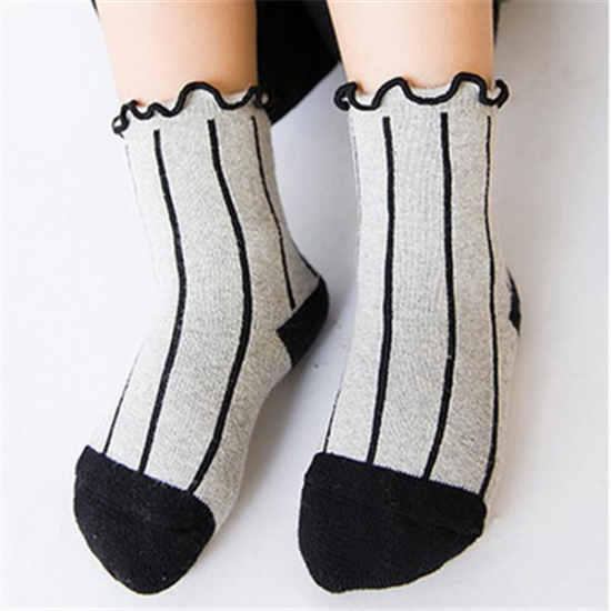 5 Pairs Kids Cotton Thickened Socks Lace Terry Crew Vertical Stripes Boneless Socks